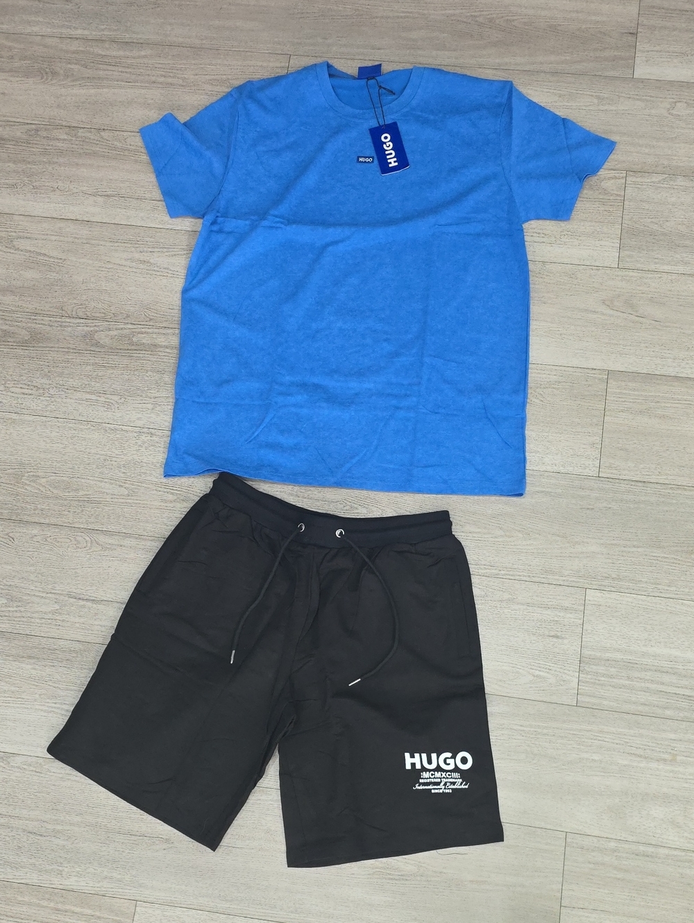 HUGO Bright Blue Tee with Black Logo Shorts